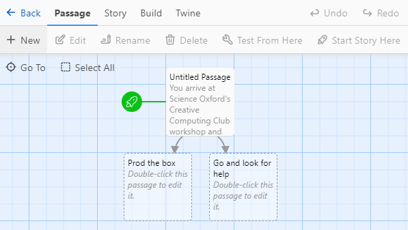 screenshot of the editor. The Untitled passage now has story text inside. Connected to the bottom with two arrows, are two new passages. One is titled 'Prod the box', one is titled 'Go and look for help'.
